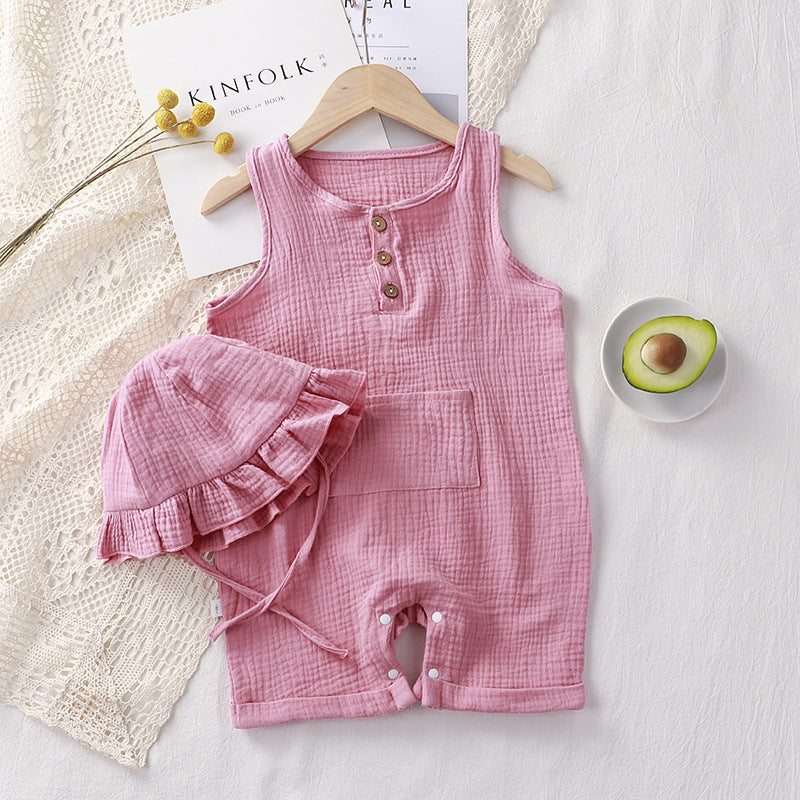 Summer Breeze: Unisex Double Gauze Jumpsuit and Hat Set for Newborns and Toddlers