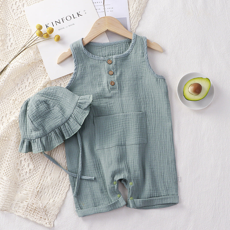 Summer Breeze: Unisex Double Gauze Jumpsuit and Hat Set for Newborns and Toddlers