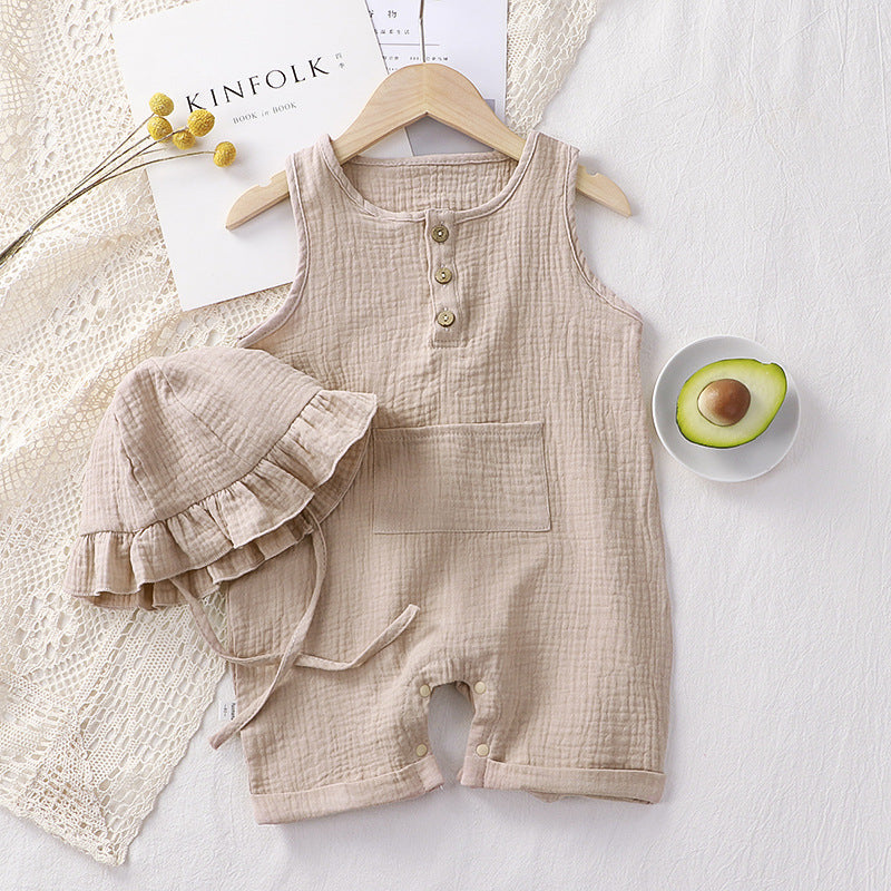 Summer Breeze: Unisex Double Gauze Jumpsuit and Hat Set for Newborns and Toddlers