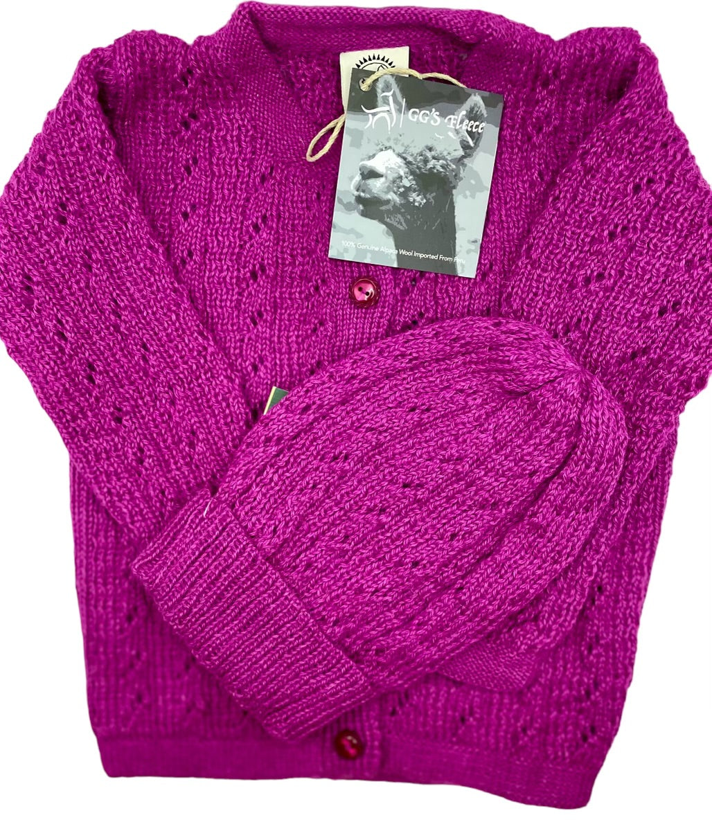 Cozy And Chic: 100% Baby Alpaca Cardigan and Hat Set for Infants