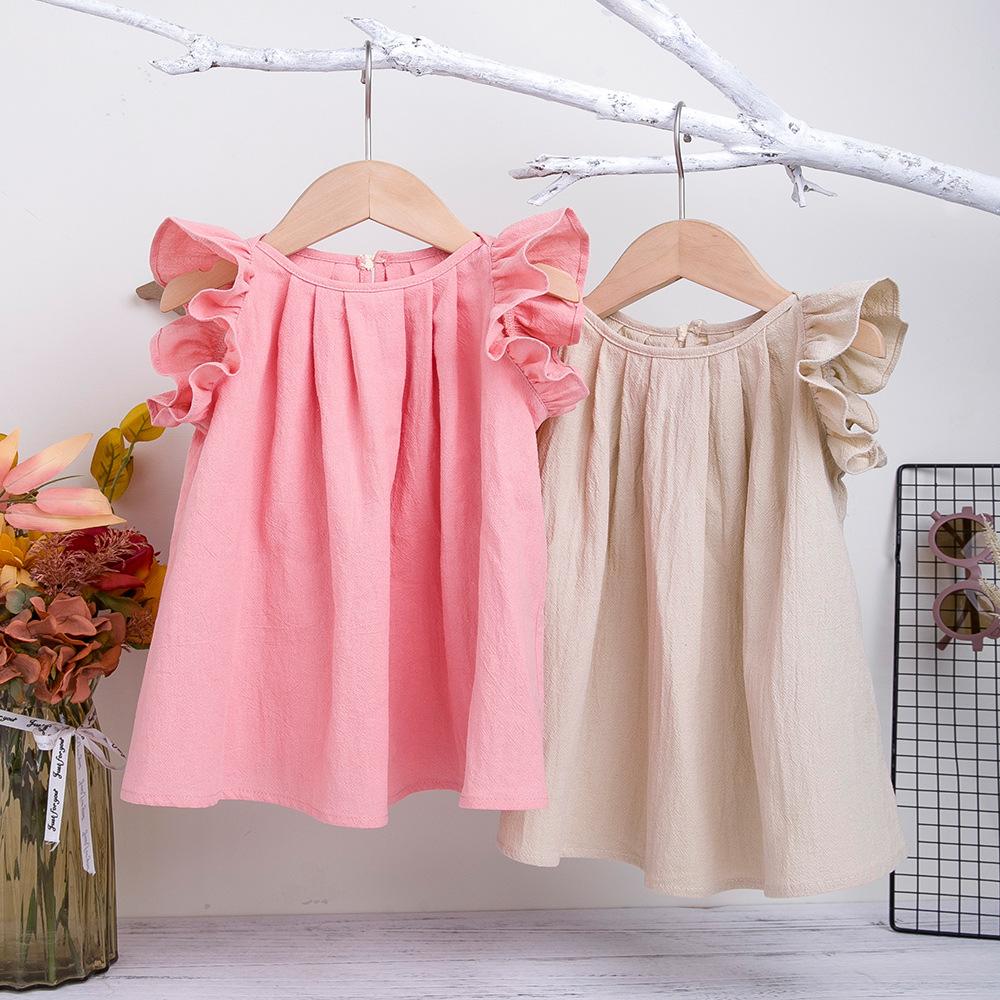 Summer Princess Dress for Girls: Flying Sleeve Cotton Khaki Dress.