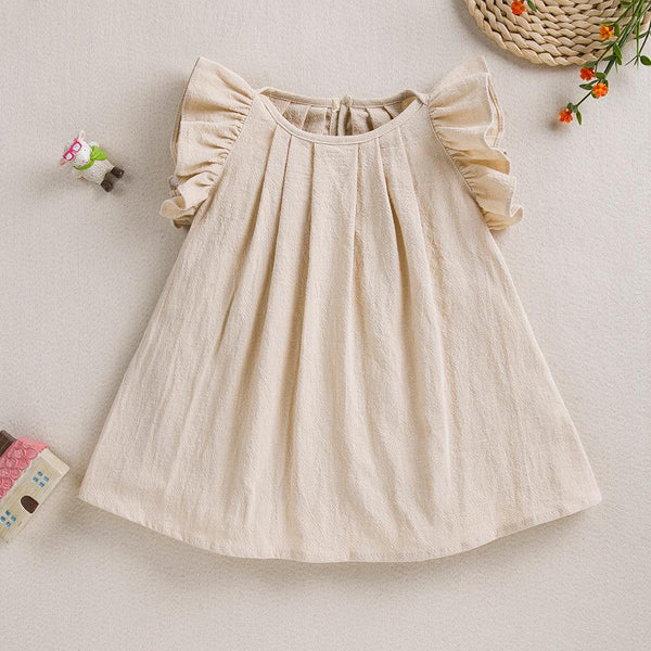 Summer Princess Dress for Girls: Flying Sleeve Cotton Khaki Dress.